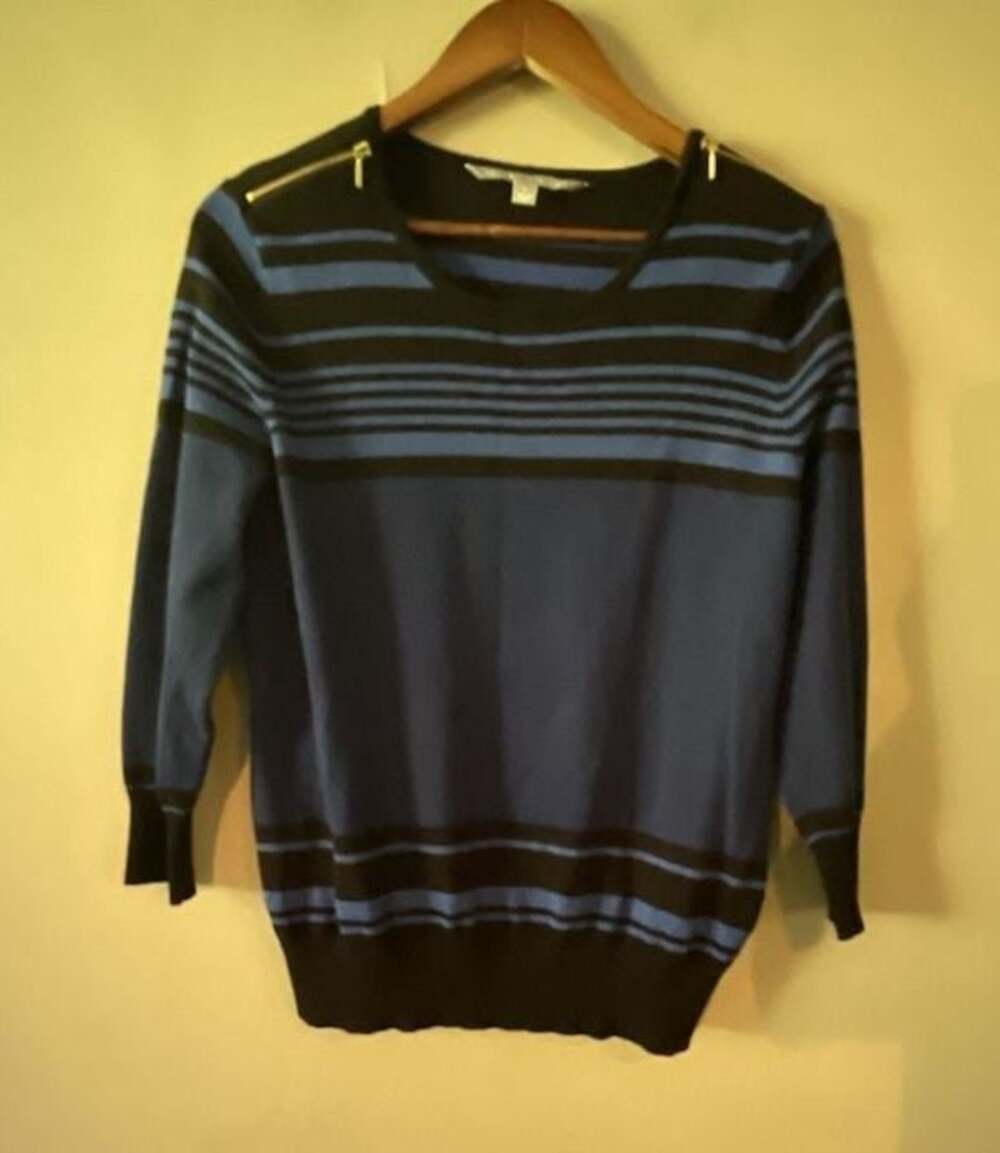 Valerie Stevens Blue and Black Striped Pullover Sweater with Shoulder Zippers